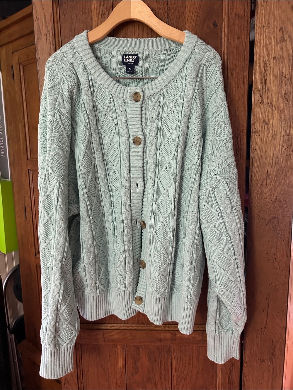 Lands' End Women's Mint Green Cable-Knit Button Cardigan